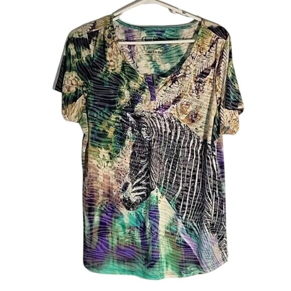 Zebra Print Womens T-Shirt With Rhinestones By Onque Casuals Size L Polyester/Sp - Picture 1 of 6